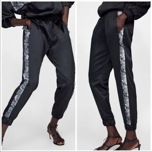 ZARA | NWT Black Sateen Jogger Style Pants Snakeskin Stripe Women’s Size XS